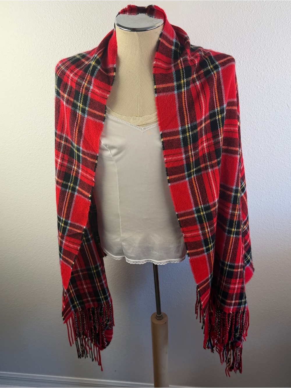 Yellow Black Red Plaid Fringe Wrap Arm Holes OS